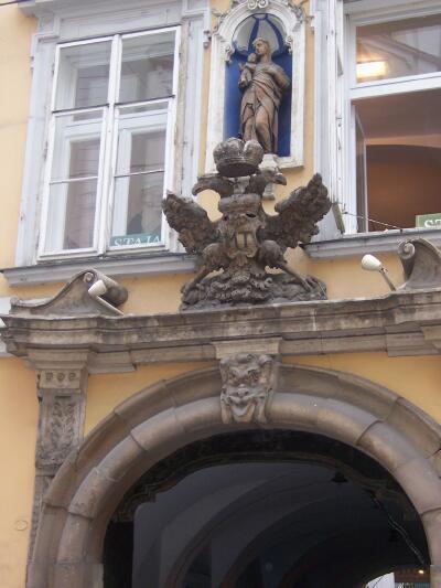 The splendid crowned double headed eagle over the entrance to this building